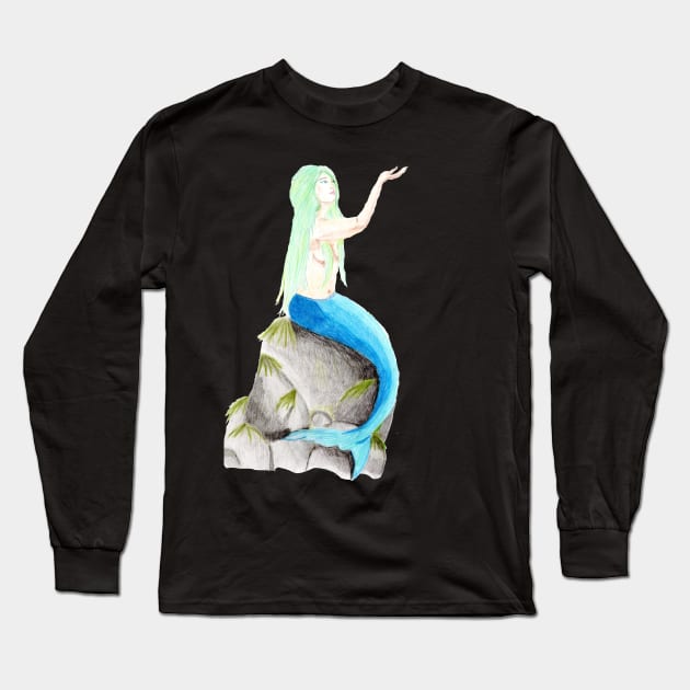 Sitting on the rock, reaching for the stars- Mermaid Dark Green Long Sleeve T-Shirt by EarthSoul